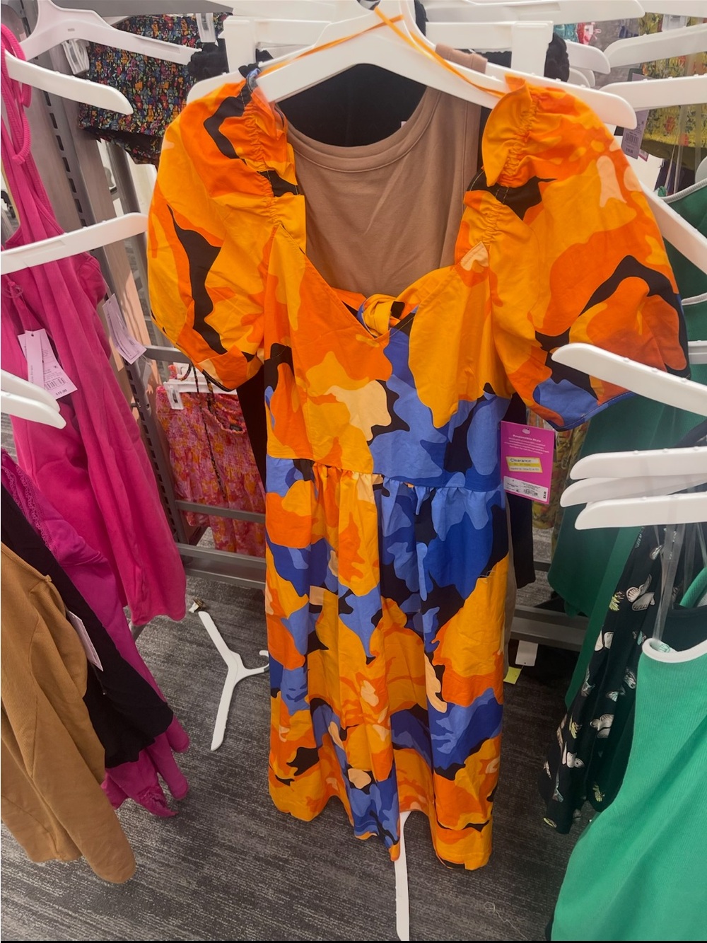 Tabitha Orange Blue Camouflage Puff-Sleeve Midi Dress